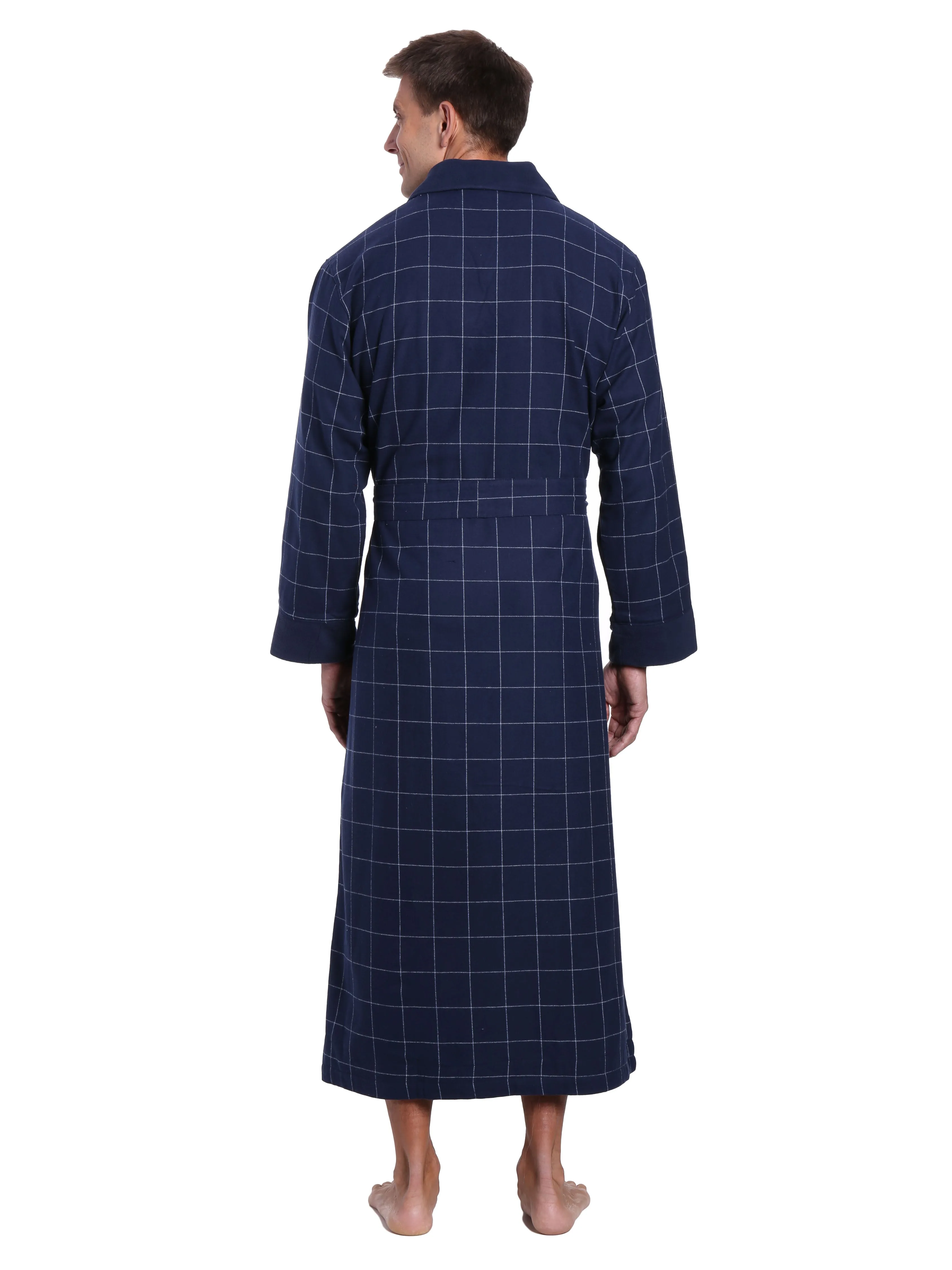 Mens Premium 100% Cotton Flannel Fleece Lined Robe - Windowpane Checks - Navy