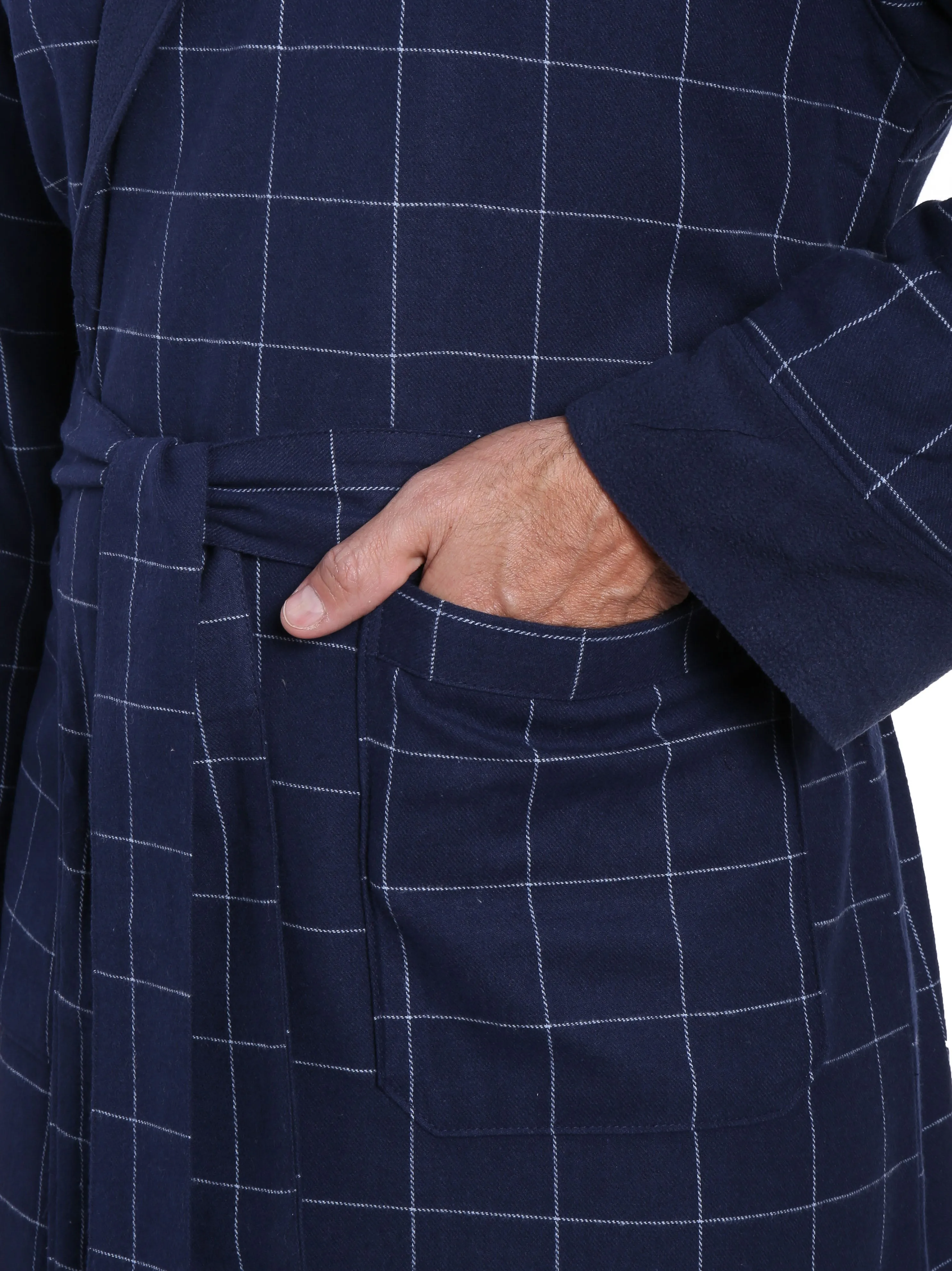 Mens Premium 100% Cotton Flannel Fleece Lined Robe - Windowpane Checks - Navy