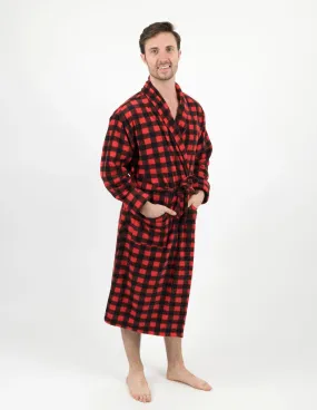 Mens Red & Black Plaid Fleece Robe