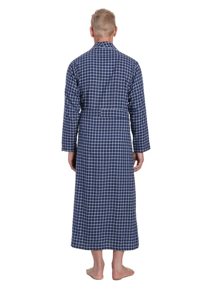 Mens Robe - 100% Cotton Flannel Robe - Checks Navy-Blue