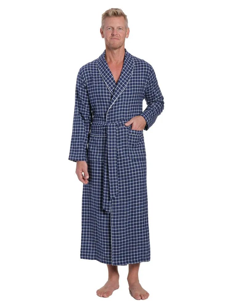 Mens Robe - 100% Cotton Flannel Robe - Checks Navy-Blue