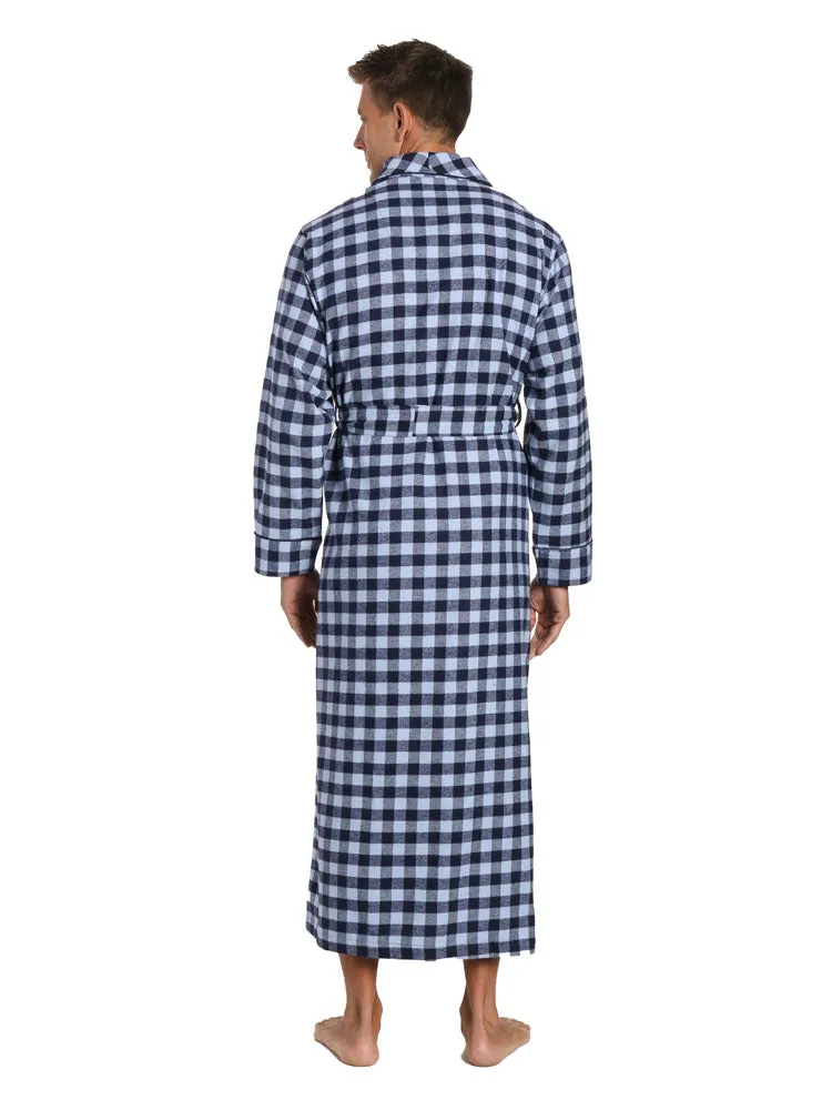 Mens Robe - 100% Cotton Flannel Robe Long - Gingham Checks - Navy Blue