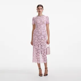 Pink Fine Lace Pearl Midi Dress