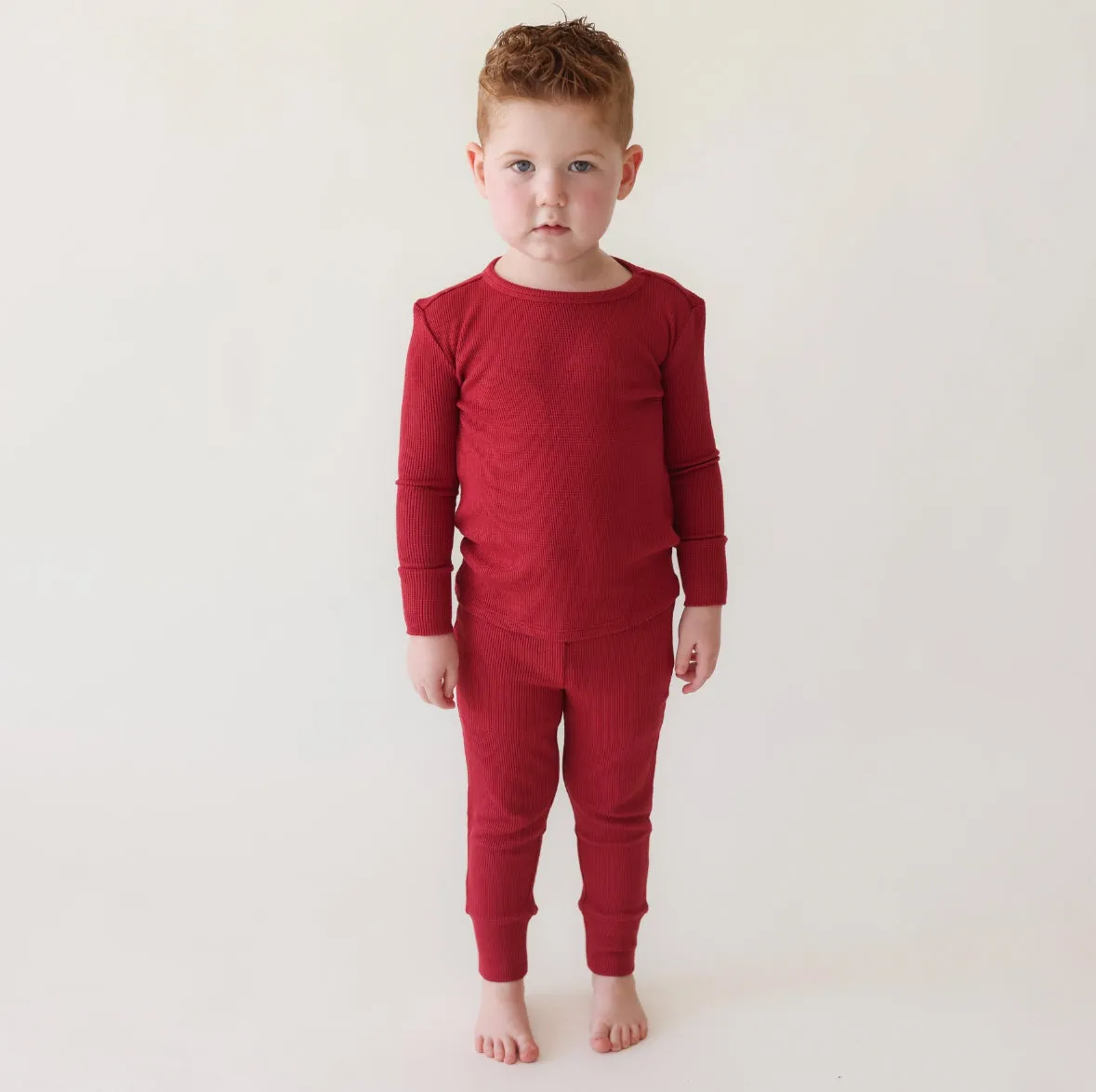 Posh Peanut Basic Long Sleeve Pajamas - Crimson Waffle