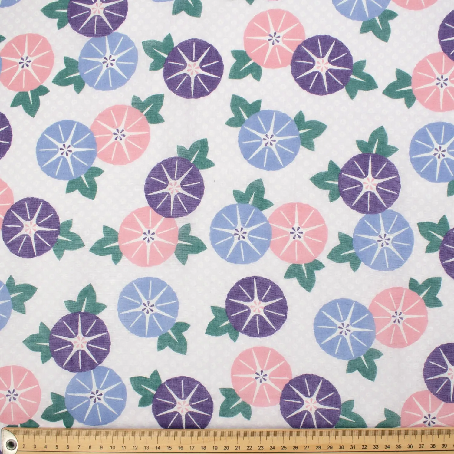 Printed Cotton Voile Design-26 Blue, Purple & Pink Convolvulus Flower on White