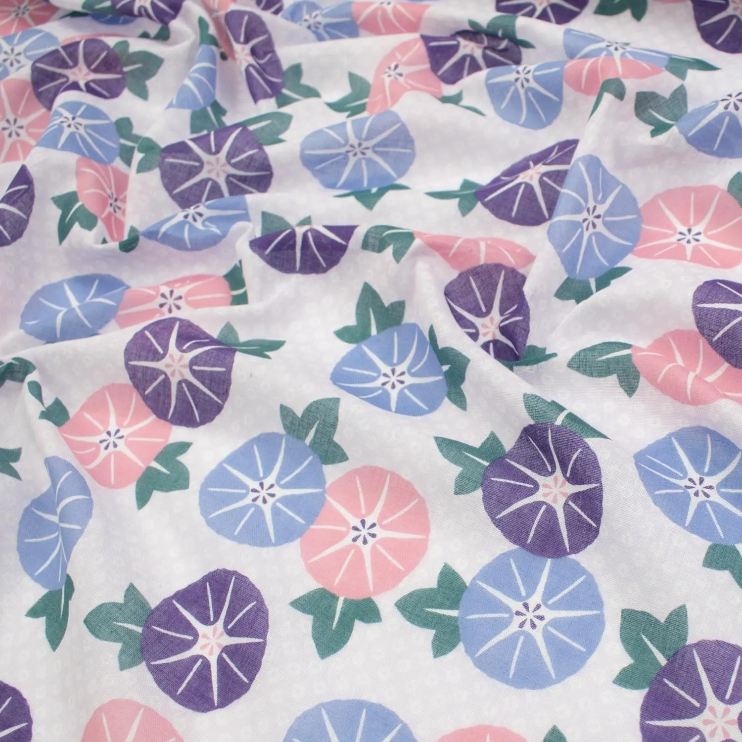 Printed Cotton Voile Design-26 Blue, Purple & Pink Convolvulus Flower on White