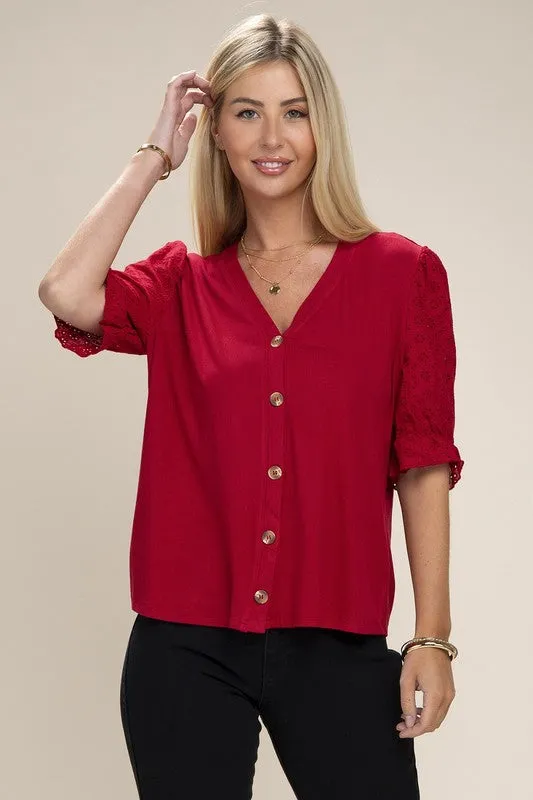 Red Eyelet Sleeve V Neck Button Front Blouse