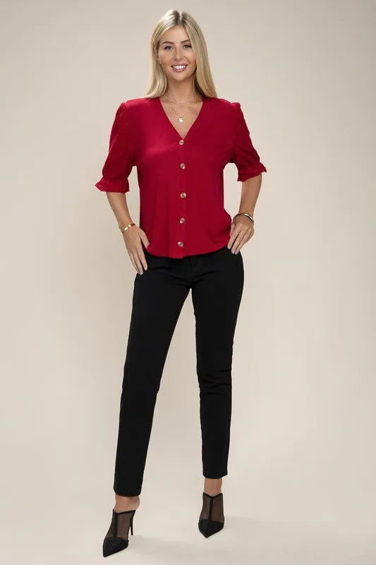 Red Eyelet Sleeve V Neck Button Front Blouse