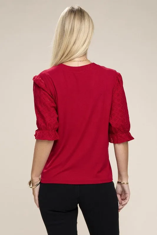 Red Eyelet Sleeve V Neck Button Front Blouse