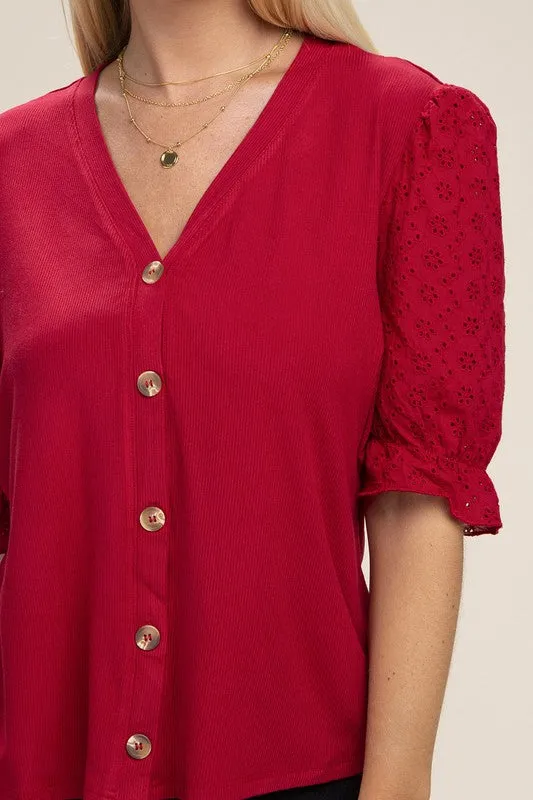 Red Eyelet Sleeve V Neck Button Front Blouse