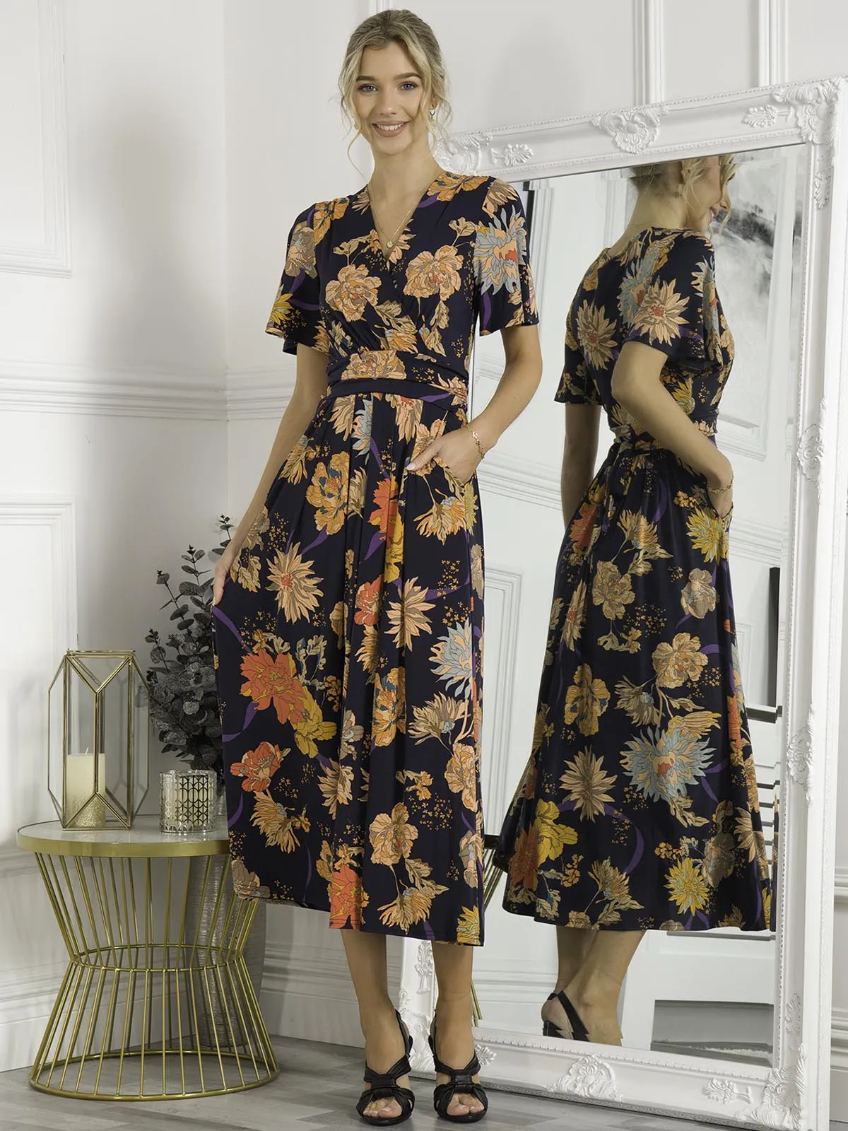 Sherya Jersey Angel Sleeve Maxi Dress, Navy Orange Floral