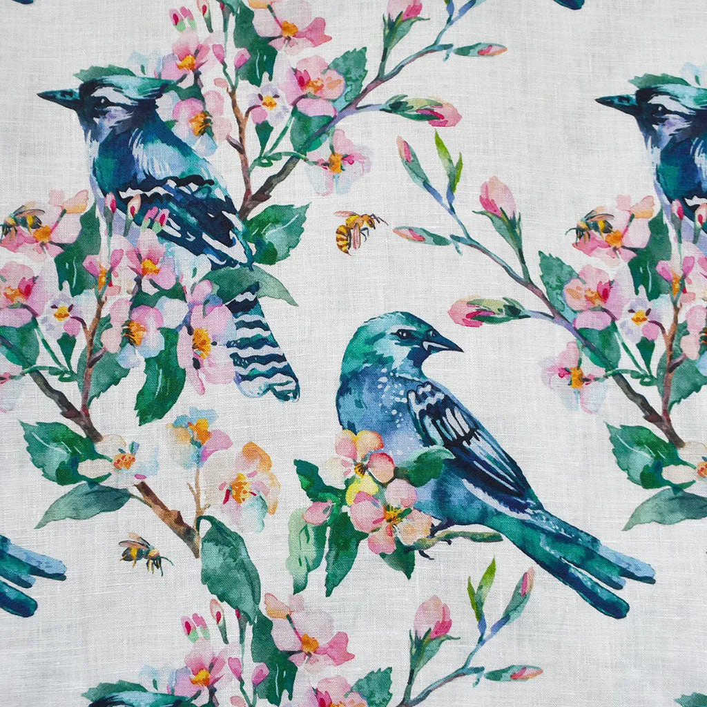 Spring Watercolor Birds Digital Print Linen Shirting Multi