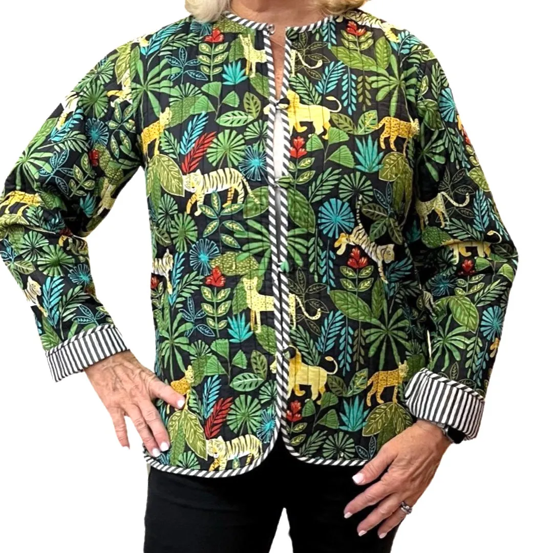 The Madeline Quilted Reversible Jacket in Black Multi Jungle Print