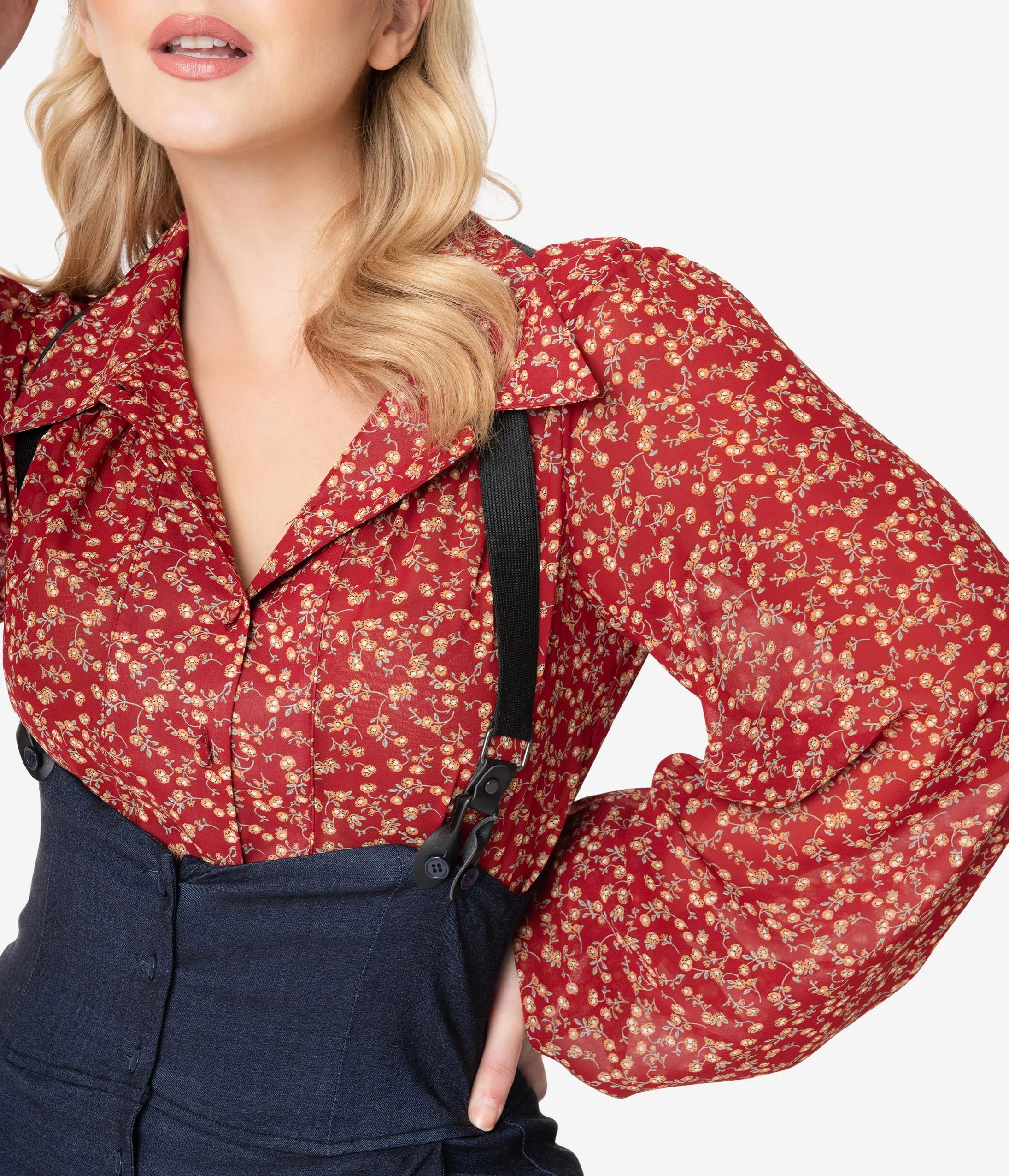 Unique Vintage Red & Rust Floral Vine Francesca Blouse