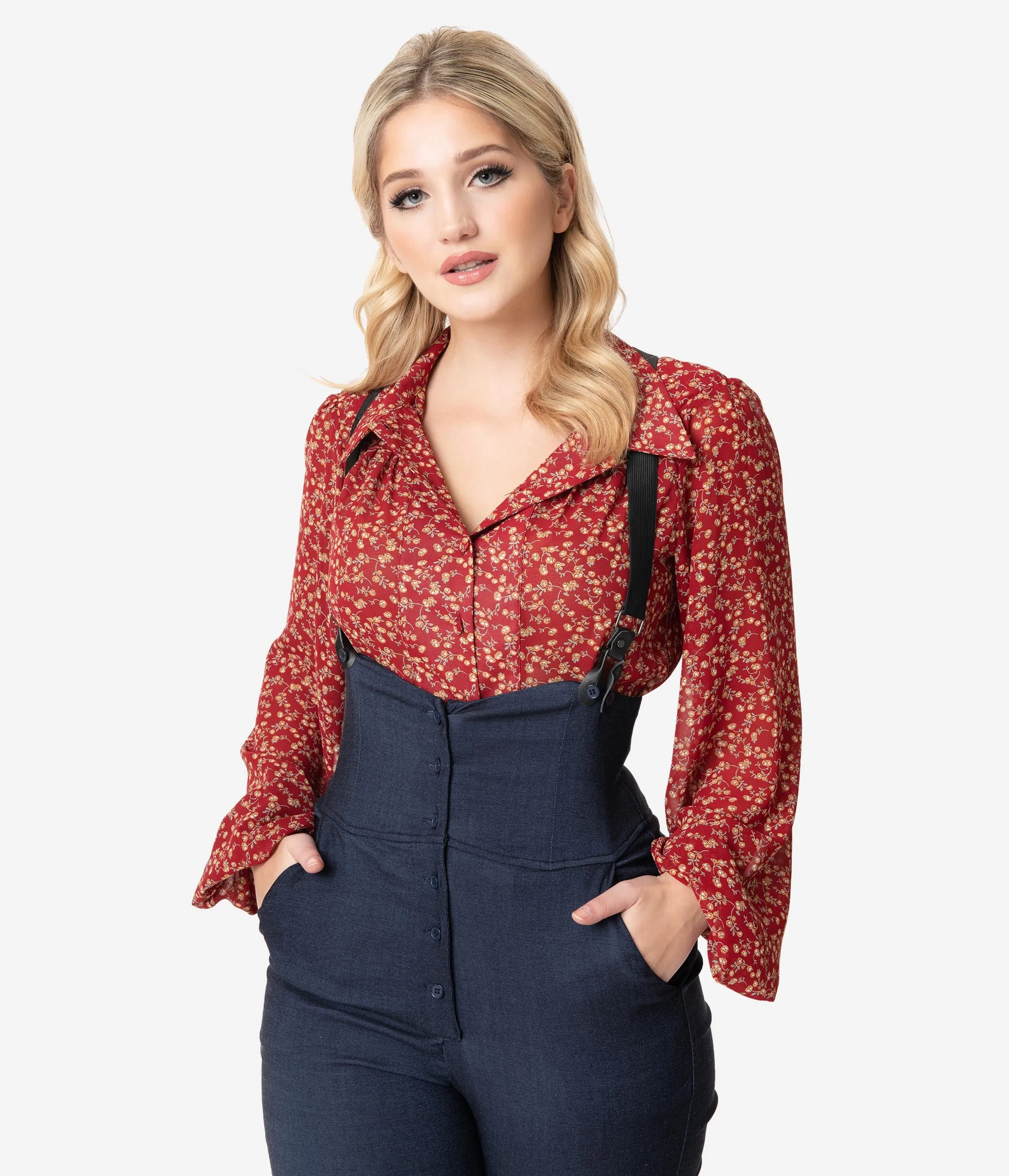 Unique Vintage Red & Rust Floral Vine Francesca Blouse