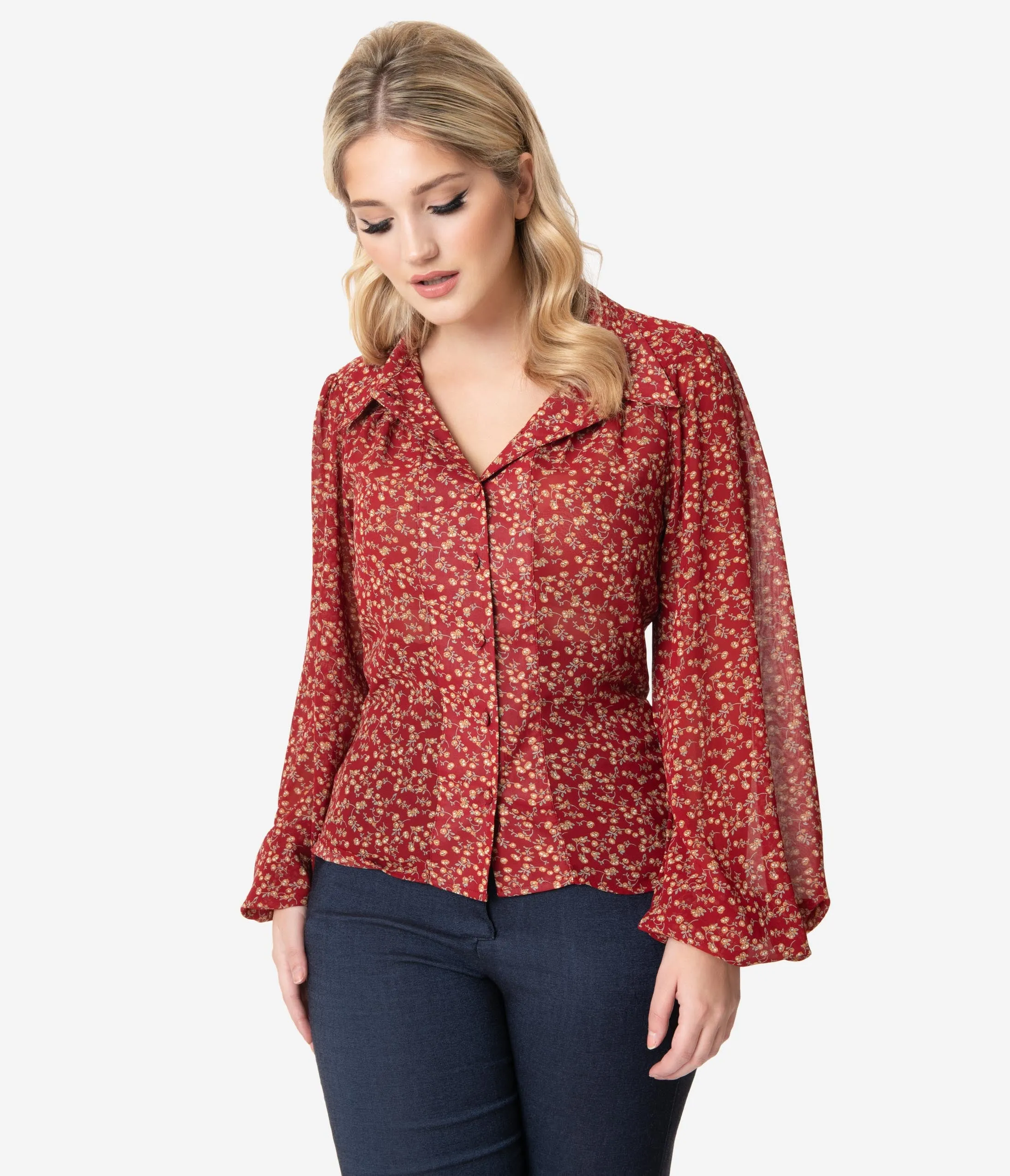 Unique Vintage Red & Rust Floral Vine Francesca Blouse