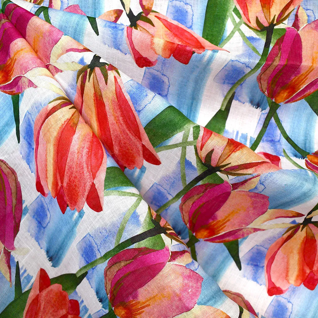 Watercolor Spring Tulips Digital Print Linen Shirting Coral