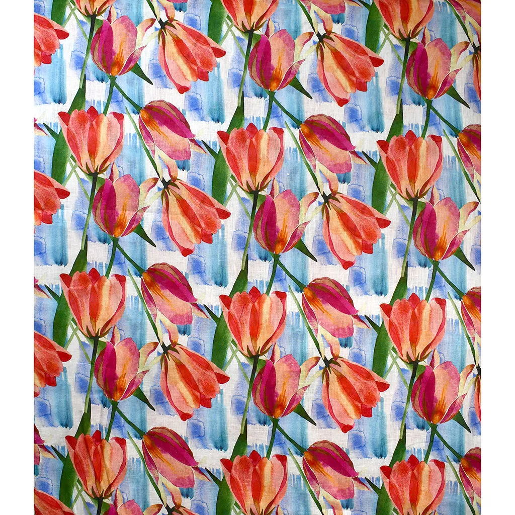 Watercolor Spring Tulips Digital Print Linen Shirting Coral