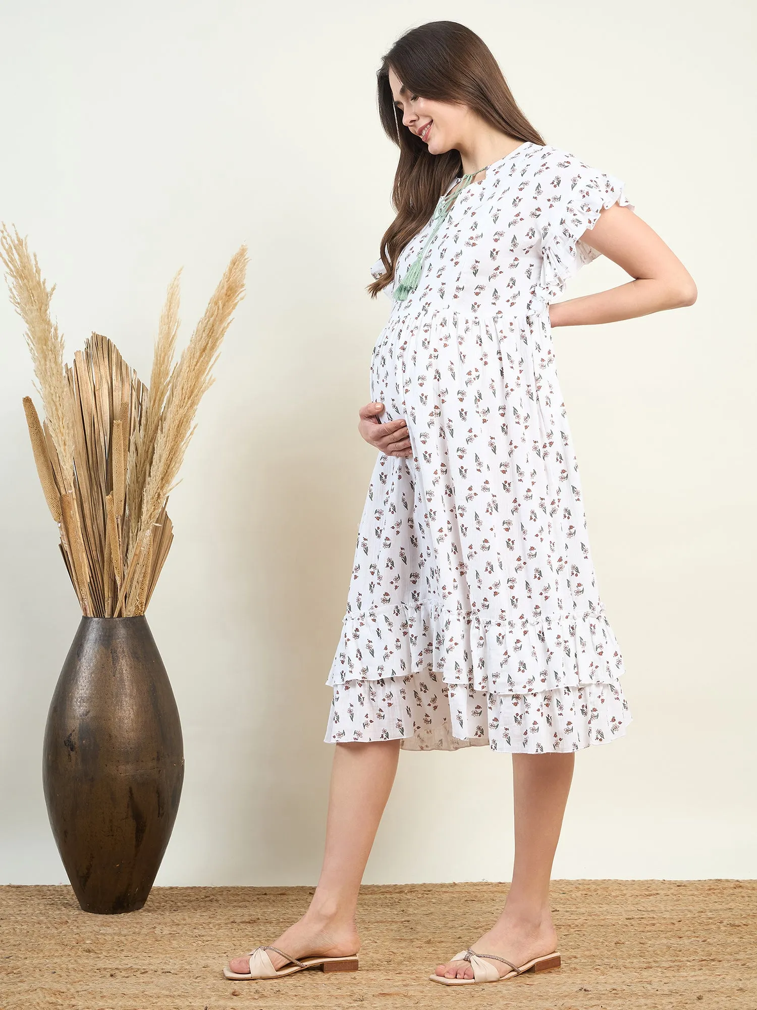 White Blossoming Maternity Floral Dress